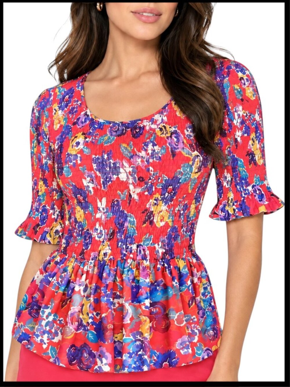 Anthropologie Maeve Ashton Red Floral Smocked Peplum Top S